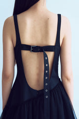 unbalance buckle backless dress_black