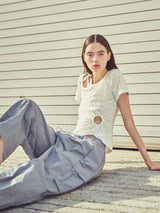 [LINE] Hole Shirring Strap T-shirt (Ivory)