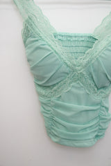 Lace-Trimmed Shirred Smocked Bra Top (Mint)