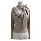 Tie shirring spandex drape long sleeve t-shirt (3 colors)