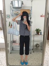 Baso Check Frill Seersucker Boat-Neck Blouse