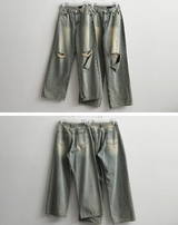 Andy Knee Damage Cutting Deep Washed Denim Wide Pants