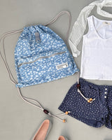 Floral denim string backpack_light blue