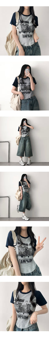 デューリーキャットラグランVネックニットクロップドTシャツ