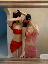 Rose Tide Off-Shoulder Chiffon Cover-Up 3pcs Bikini SET
