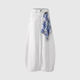 Americana Curved Wide Leg Denim Pants with Detachable Scarf