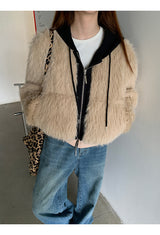 Eyes Hooded Layered Fur Zip-Up Jacket