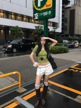 オリーブ ダイアリー ボタン Uネック スリムフィット Tシャツ