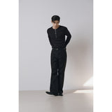 Leather ribbed henry neck long sleeves(Black)