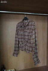 wool cotton shirring checkered long-sleeved shirt