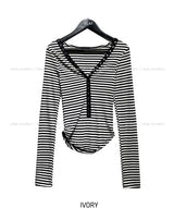 Odd Snap Deep V-Neck Stripe Long Sleeve