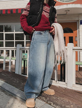 Shell washing wide balloon denim pants