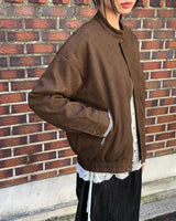 Shait Suede No Collar Snap Button Zipper Pocket Blouson Jacket