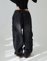 [UNISEX] シルバーカーゴバックバンドデニムワイドパンツ