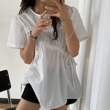 Memory Round-Neck Drawstring Shirring Summer Blouse 2 Colors