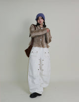 Gamants coloring gradation fringe long-sleeve cropped wool knitwear