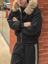ラクーントリムパネレッドパッファージャケットウィズファーリニング
