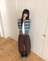 Runli Stripe Ribbed Round Neck Long Sleeve Cardigan