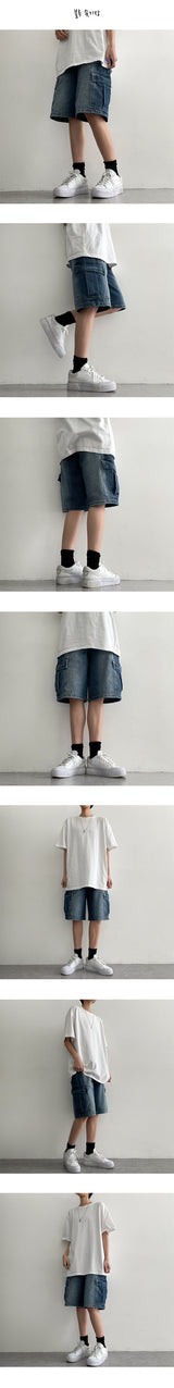 [S-2XL/Long, Basic, Short] ルーカスウォッシングカーゴワイドデニムハーフパンツ