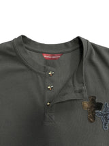 FLOCKED DENIM PATCH EMBROIDERY WAFFLE KNIT HENLEY COLLAR BASE LAYER CARDIGAN