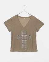 Chucking cross stud see-through V-neck short-sleeved T-shirt