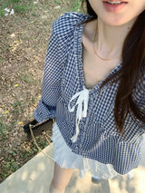 lovely blue checkered cotton blouse