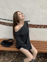 Unbalanced Off-Shoulder Stripe Long Sleeve T-Shirt
