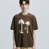 パームツリー＆アイレットチェーンニードルワークTシャツ　ブラウン