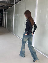 ロイヤルミディアムブルーロングセミブーツデニムパンツ
