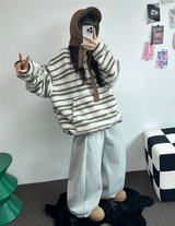 ストライプフリースワンサイドストリングアノラックニットスウェット 💙🩶🧡3COLOR