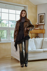 PAMELA LEATHER BOMBER JACKET / BROWN