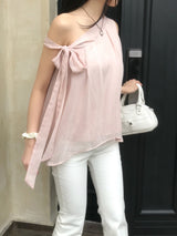 Lovie Unbal One-Shoulder Ribbon Chiffon Blouse