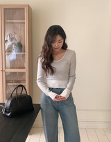 Bicolor U-neck Slim Crop Knit (3color)
