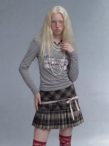 Emoha オリジナル ウィメンズ グレー ロングスリーブ レーストリム スリムフィット セクシーTシャツ