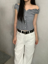 Aaron Check Off-Shoulder Ruffle Blouse  ​