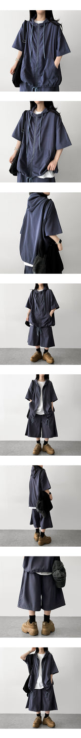 Shine Linkle Boxy Fit String Short-Sleeved Hooded Zip-Up Jumper