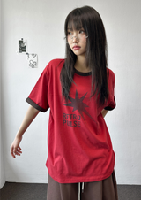 レットコントラストレタータトゥーパッチショートスリーブTシャツ3カラー