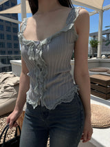 Lace frill front button ribbed sleeveless top (4 colors)