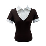 Cafe Layered Pintuck Shirt Brown Short Sleeve Tee (Brown)