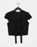 Yudo Tie Ribbon Puff Short-Sleeve Blouse
