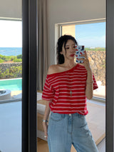 [MADE] Spool Stripe Unbalanced Off-Shoulder T-Shirt