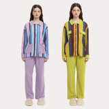 ロイヤル パープル アンド エメラルド グリーン コントラスト ストライプド スリープセット - 95% Cotton 5% Spandex Relaxed Pajamas