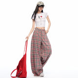 Pink Check Wide-Leg Straight Pants