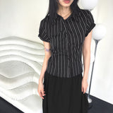 Giol Geek chic Stripe Shirring Puff Short-Sleeved Shirt
