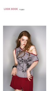 2025 Spring/Summer New Red and Gray Color Collision Slant Shoulder Printed Top
