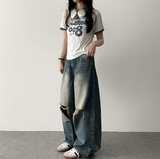 Andy Knee Damage Cutting Deep Washed Denim Wide Pants