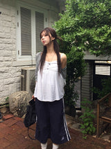 Kwi Shirring Button Flare Sleeveless Crop Cardigan