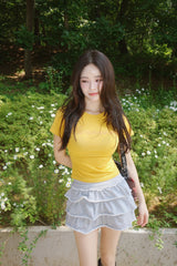 バナナレタリングビーズスパンデックスラウンドネックTシャツ