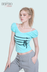 Rope Mint Shirring Off-Shoulder Short Sleeve T-Shirt