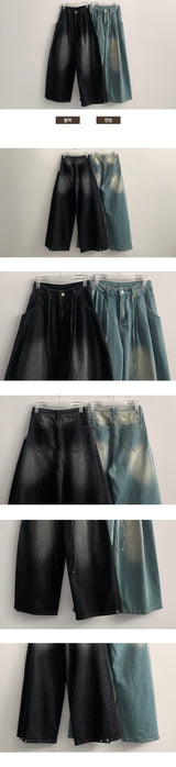 Flex waist string two-pin tuck snap wide denim pants
